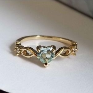 New 18K Gold Plated Heart Shaped Aquamarine Diamond Ring for Women